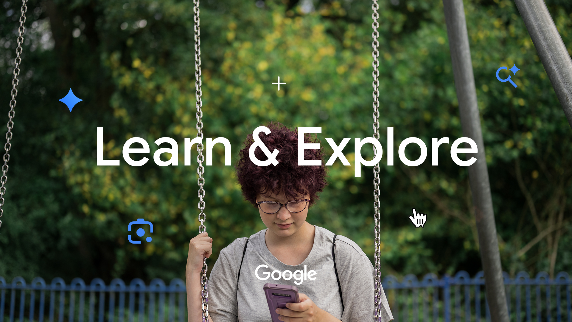 Photo of young person on a swing overlaid text Learn & Explore